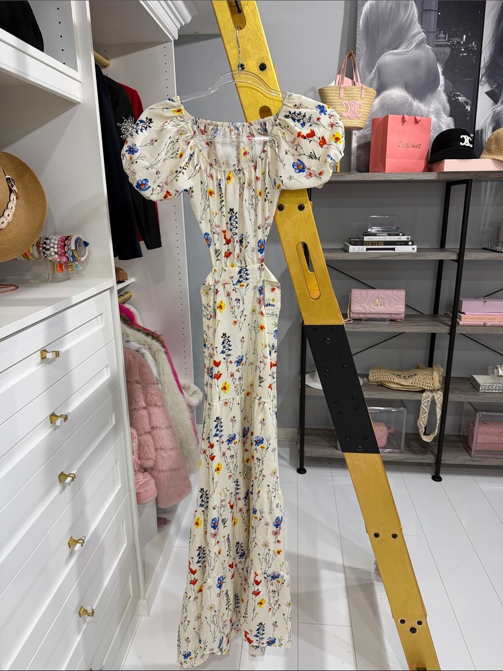 Chicwish Cream Floral Maxi Dress with Puff Sleeves